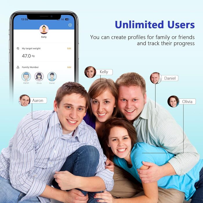 Вага тіла Diboniur з аналізом складу тіла, з додатком, для вимірювання жиру, м'язової маси, ІМТ та інших показників (чорна)