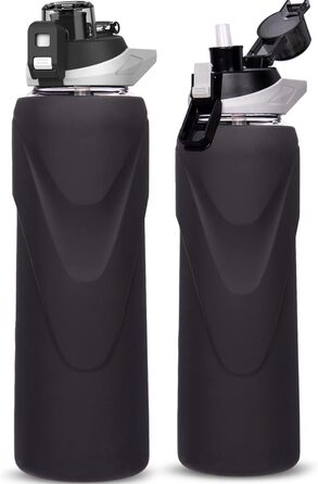 Спортивна скляна пляшка для води DEARRAY 1 л з трубочкою, герметична, BPA Free, силіконова оболонка, для смузі, фруктів і газованої води, чорна