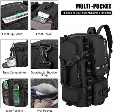 Спортивна сумка для подорожей 65Л для жінок та чоловіків, містка дорожня сумка з відділенням для взуття та вологих речей, сумка для залу та плавання (Чорна)