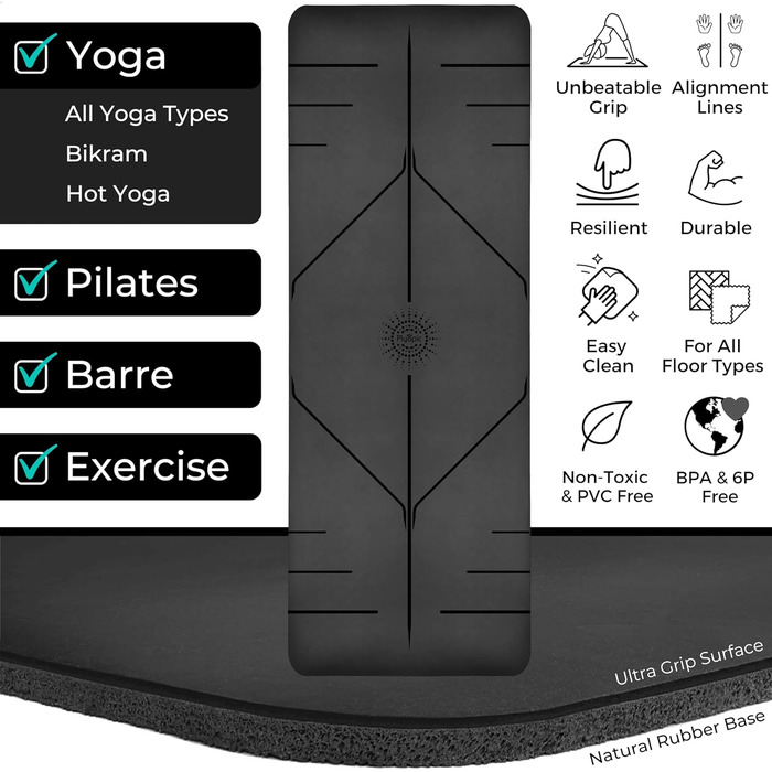 Преміум килимок для йоги Plyopic Ultra-Grip Pro — антиковзкий, стійкий до поту, з лініями вирівнювання, для йоги, пілатесу, тренувань, Бікрам та хот-йоги