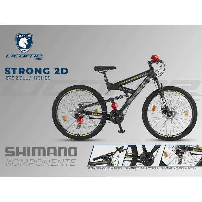 Гірський велосипед Licorne Bike Strong 2D Premium 27,5 дюймів, для хлопців, дівчат, жінок і чоловіків, з дисковими гальмами, 21 швидкість, повна амортизація, чорний/лайм