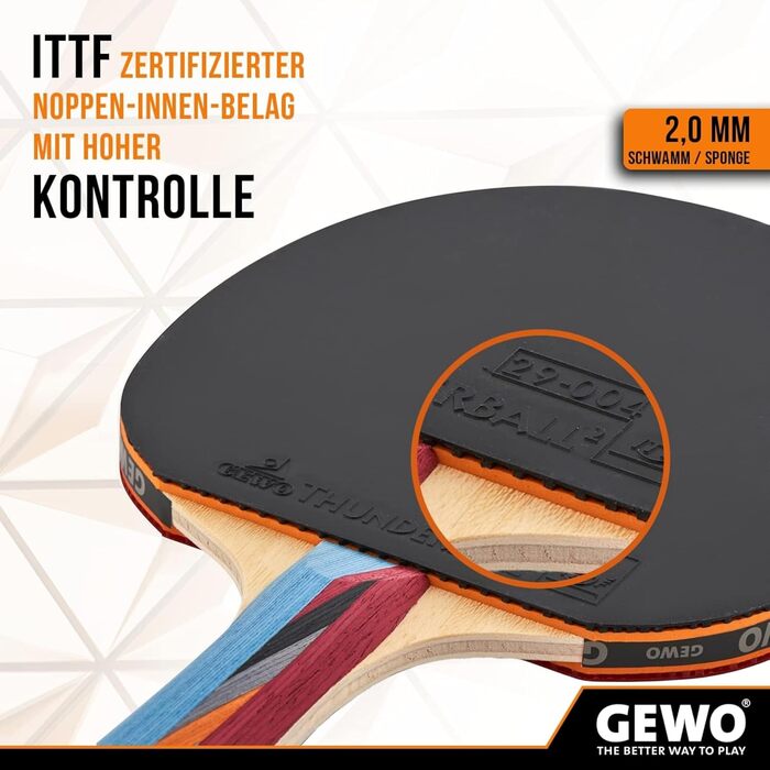 GEWO SMASH – ракетка для настільного тенісу для дітей, ITTF, для змагань, з накладкою Thunderball 2, контроль, обертання, 2,0 мм, конкавна ручка