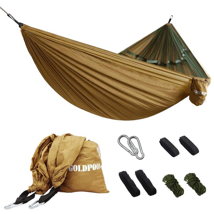 Гамак кемпінговий GOLDPOOL (275x140 см) Khaki, нейлон, 300 кг, 2 карабіни, 2 стропи