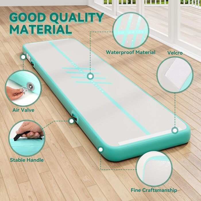 Накидка-матрац для гімнастики DWVO Air Matte Track, 4м, з повітряним насосом, зелений, з карбоновими боковинами