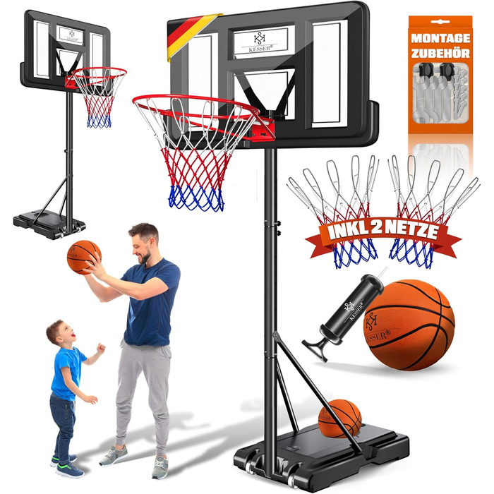 Курка баскетбольна KESSER® Outdoor зі стійкою та колесами. В комплекті 2 сітки, м'яч та насос. Регульована висота 230-305 см. Чорний колір. Підходить для дорослих та дітей.