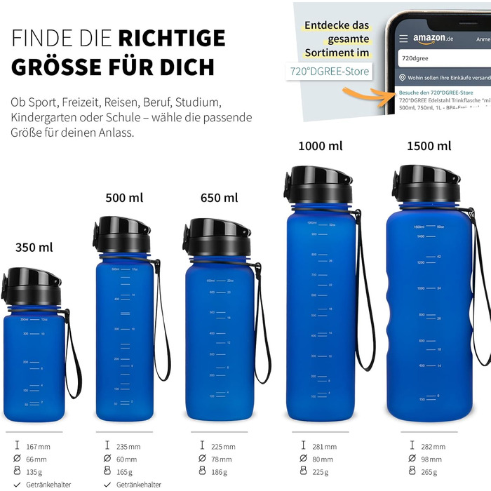 Бутилка для води 720°DGREE uberBottle 650 мл SoftTouch з фруктовим контейнером, тритановий, BPA-free, для дітей, школи, спорту, фітнесу, синя, ударостійка, не протікає