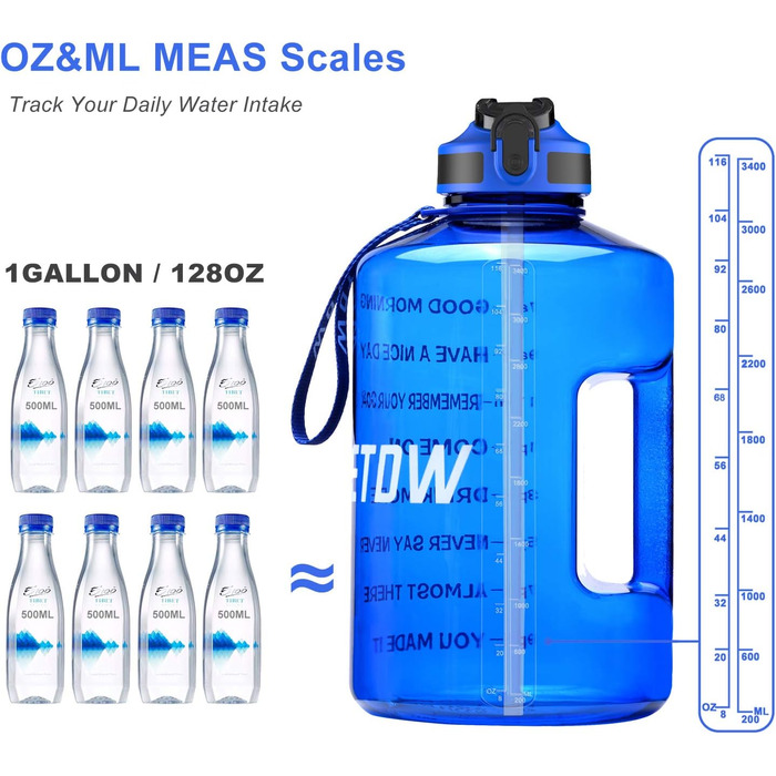 Спортивна пляшка для води 3,78 л з позначками часу та трубочкою, BPA Free, витокозахисна, 3800 мл, блакитна