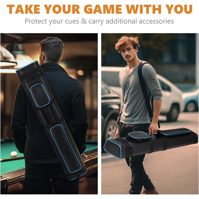 Сумка для більярдних київ: переноска для 3 київ, 5 насадок та аксесуарів. Чорний колір з синьою окантовкою