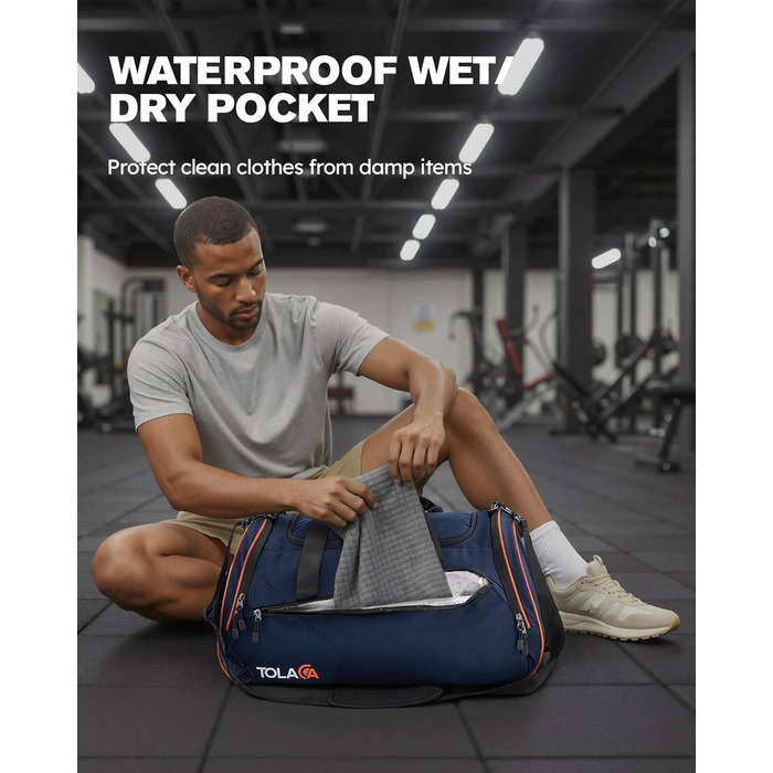 Спортивна сумка Tolaccea 47L з відділенням для взуття та мокрого одягу - рюкзак-дуffel для фітнесу, тренувань, басейну, подорожей (Темно-синій)