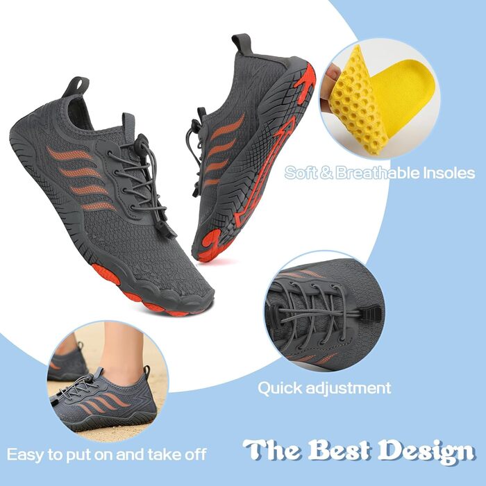 Чоловічі та жіночі аквашузи Hanani для плавання та серфінгу, швидко сохнуть, сірі, 43 EU