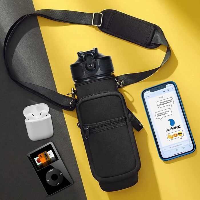 Спортивна пляшка Marludex 1 л з чохлом і трубочкою, BPA Free, мотиваційна пляшка для води