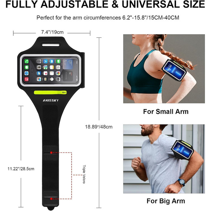 Спортивний браслет на руку для бігу з відділенням для телефону та ключей, чорний. Сумісний з iPhone 17/16/15/14/13/12/11 Pro Max/Plus. Оновлена модель, до 6.9 дюймів.