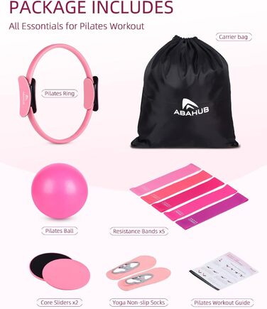 Набір для пілатесу Abahub: кільце 35 см, м'яч 25 см, 5 еластичних стрічок, шкарпетки для йоги, ковзаючі диски. Для жінок, домашні тренування, сила, гнучкість, стабільність та підтяжка тіла. Рожевий