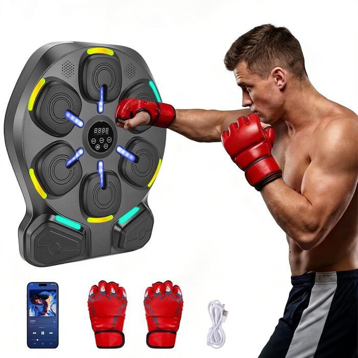 Боксерський тренажер з LED підсвіткою та Bluetooth Music Boxing Machine: 9 режимів, 9 швидкостей, дисплей калорій та швидкості, регульована висота для дітей та дорослих + 2 пари рукавичок