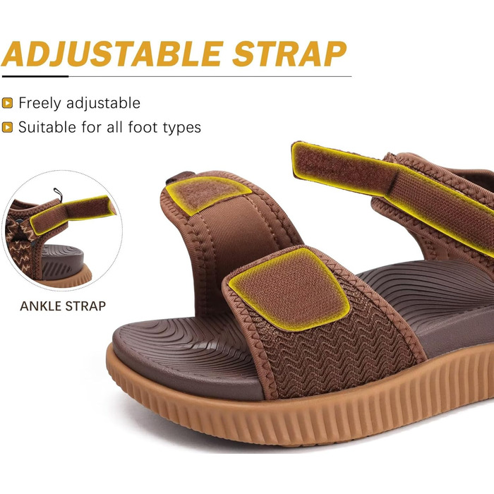 Зручні трекінгові сандалі KuaiLu для жінок: ортопедичні, для плоскостопості, піші прогулянки, літо, відкриті пальці, регульовані на липучках (39 EU, Коричневий)