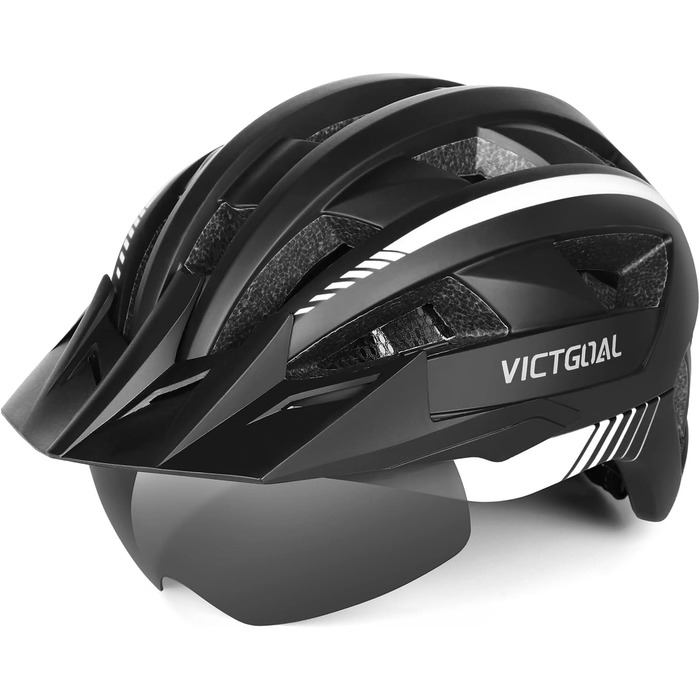 Велосипедний шолом VICTGOAL MTB з магнітним візором, знімним сонцезахистом і LED підсвіткою, для дорослих, чорний-білий, розмір M (54-58 см)