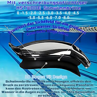 Окуляри для плавання з діоптріями -1.5 до -8.0, антифог, UV-захист, чорні. Комплект з берушами та кейсом