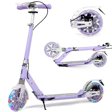 Самокат трюковий Kickscooter LED-ліловий, колеса 200мм, для дітей 8-12 років та дорослих, з дисковими гальмами та подвійною амортизацією, складаний, з ременем для перенесення
