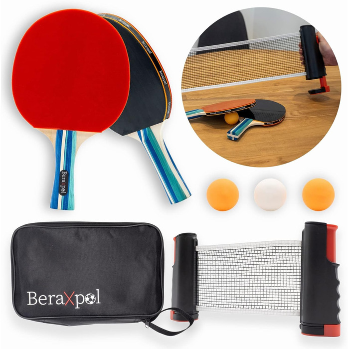 BERAXPOL Набір для настільного тенісу Premium, портативний, все в одному | М'ячики, сітка, сумка | Для сім'ї, подарунок