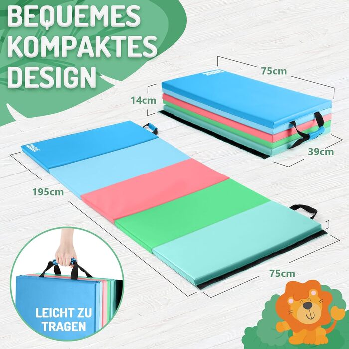 Складаний гімнастичний мат для фітнесу та дітей 195 x 75 x 3 см, м'яка спортивна підкладка для тамблінгу та активних ігор з ручками для перенесення (дизайн: мультфільм)