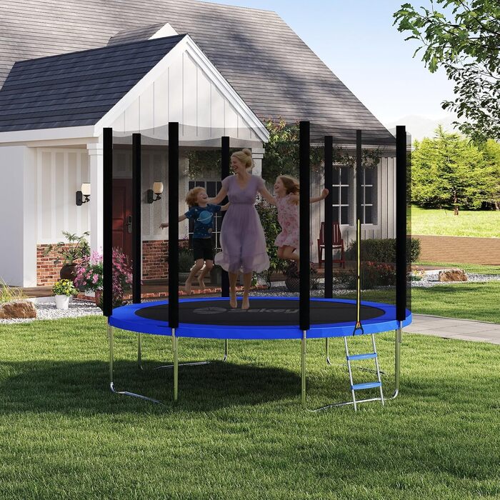 Батут Sekey Outdoor 244/305/366 см - сертифікований TÜV Rheinland GS, дитячий, для саду, з безпечним мотузковим драбиною, посиленим захисним сіткою та захисним бортиком, блакитний (305 см/10 футів)