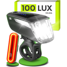 Велофара Velmia з USB-зарядкою, комплект (передня та задня), 100 Lux, StVZO, водонепроникна, 8.5 год роботи