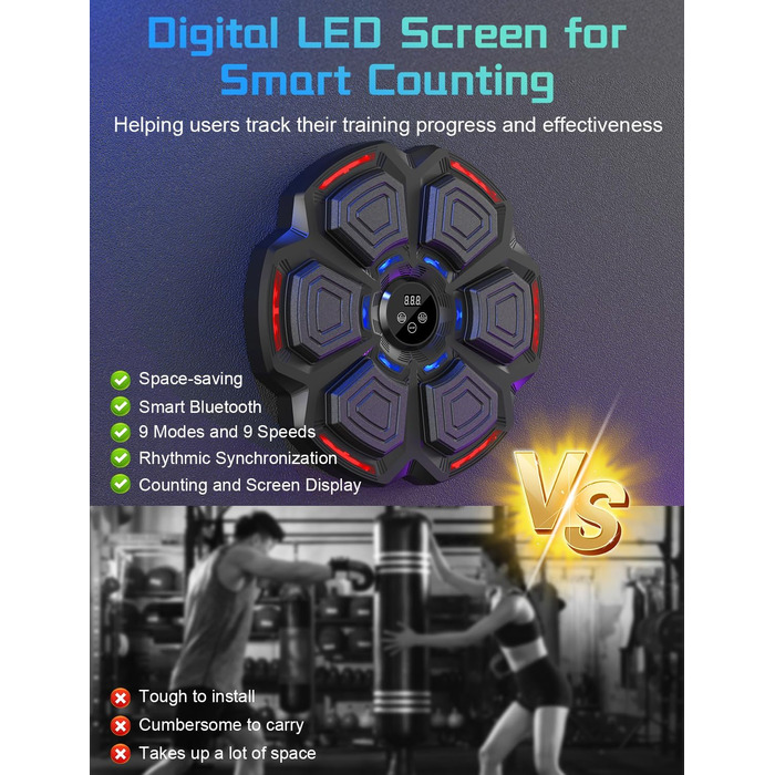 Музична боксерська машина з LED-підсвіткою та Bluetooth, 9 режимів швидкості, підрахунку ударів, рукавички в комплекті. Для дорослих та дітей