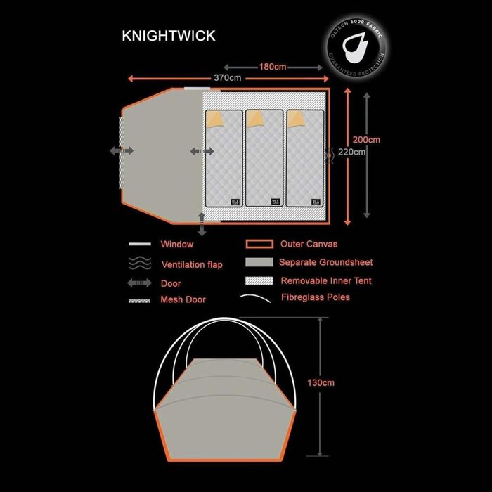 Намет кемпінговий OLPRO Knightwick 3-місний з верандою, водонепроникний (5000 мм) для 2-3 осіб - похідний, фестивальний, сімейний