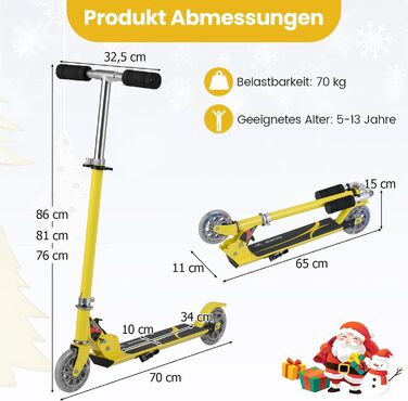 Дитячий ролер GOPLUS Roller Kinder 4 роки з LED-колесами, гальмом на задньому колесі та підніжкою, регульована висота, легкий алюмінієвий, складний, до 70 кг (жовтий)