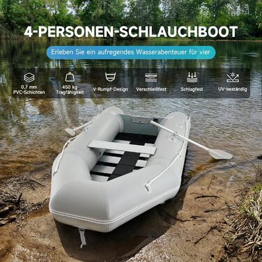 Надувне човен CO-Z для 2-4 осіб, сірий: 230x130x33см / 300x150x42см з веслами та насосом. Рибальський човен з алюмінієвим дном та сидінням.