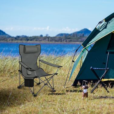 Крісло для кемпінгу Woltu, складане, рибальське, легке, з підніжкою та підсклянником, сіре