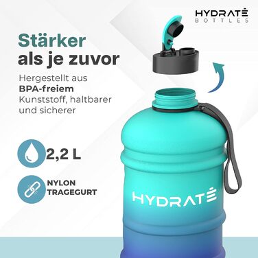 Фляга для води HYDRATE XL 2,2 л - для спортзалу, спорту та подорожей, не протікає, BPA-free, міцна, велика, 2200 мл (Блакитна Лагуна)