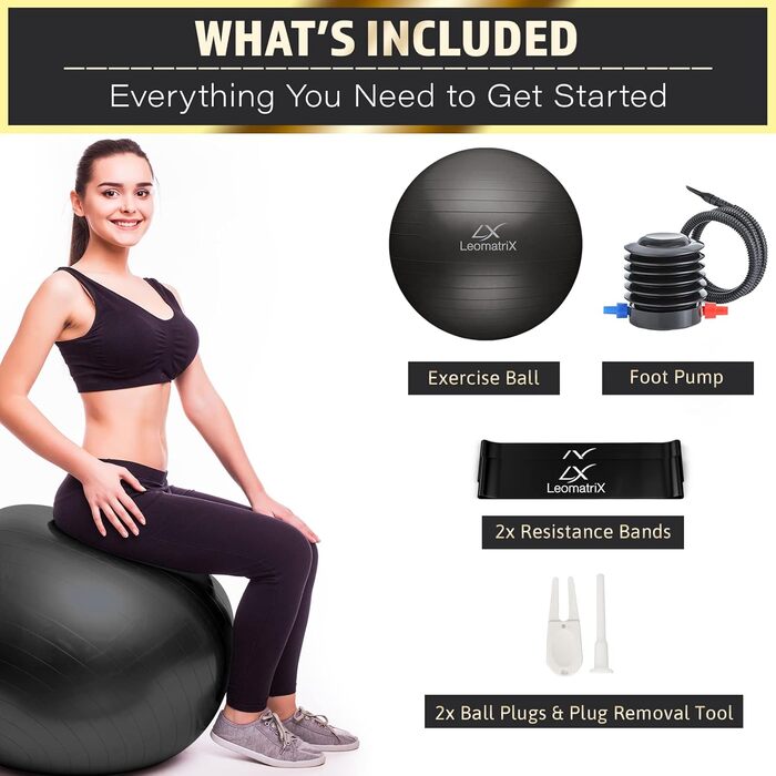 Фітбол LeomatriX 55 см з фітнес-гумками та насосом | Ергономний, компактний, міцний | для офісу, йоги, фітнесу, пілатесу, Pezzi Ball, вагітності