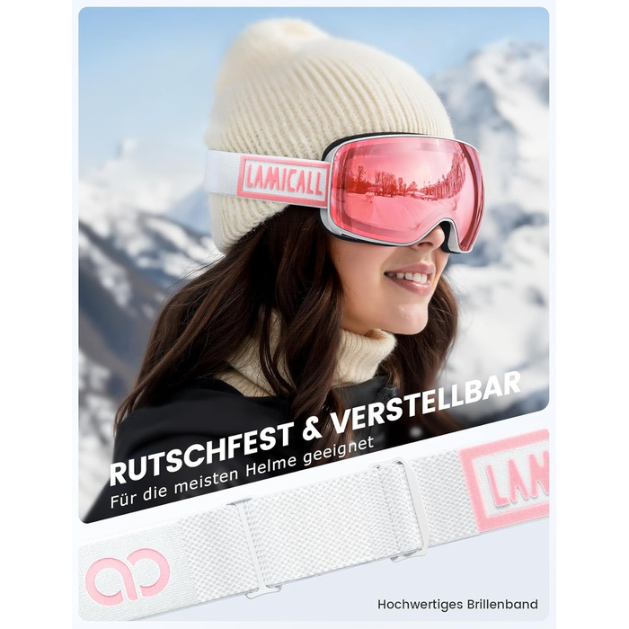 Ламмікал - Скі-маска для чоловіків та жінок, сноуборд маска з OTG - [Ultra HD, широке поле зору] - Анти-туманна скі маска для людей у окулярах, дзеркальна сноуборд маска, скі маска UV400 з захистом від відблисків (Покращена - біла рама - рожевий колір (VL
