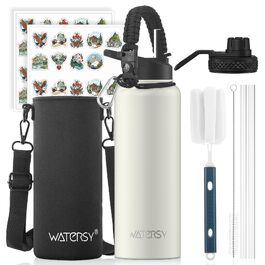 Термос-пляшка WATERSY з нержавіючої сталі 1200 мл, вакуумна ізольована спортивна пляшка для води з 2 кришками, бежева