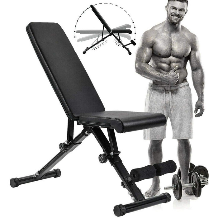 Складана універсальна лавка для жиму Max Strength, регульований кут, м'яке сидіння, для дому та спортзалу, чорна