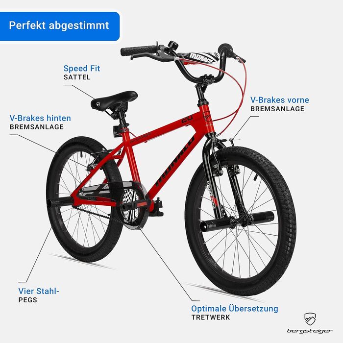 Дитячий велосипед BMX Bergsteiger Monaco 20 дюймів, фрістайл, для дітей 6-9 років, 4 сталеві пеги, захист ланцюга, вільний хід, червоний