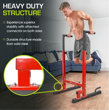 Стійка для віджимань sourceFit Dip Stand Station Pro, важка, з'єднувач безпеки, для трицепса, підтягувань, віджимань, L-сітів, червона
