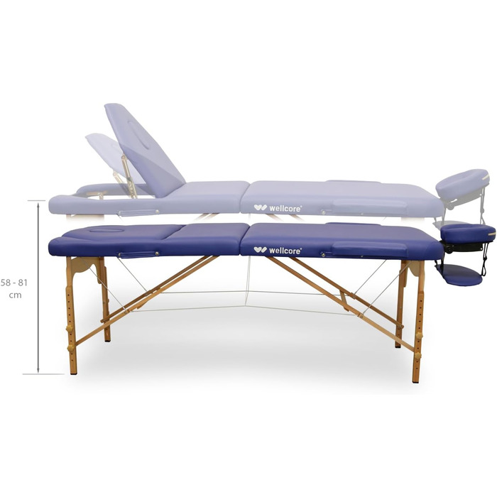 WELLCORE масажний стіл з дерева, складаний, з регульованою спинкою, 185x65 см, екошкіра, висота регулюється, знімний підголівник, отвір для обличчя, білий, навантаження до 225 кг
