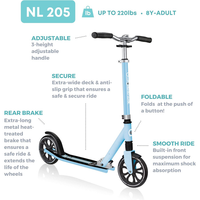 Дитячий самокат Globber NL 205 Folding з передньою підвіскою, складний, пастельно-блакитний