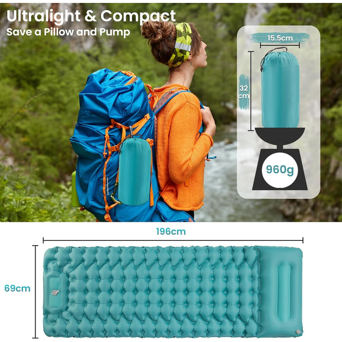 Килимок для кемпінгу Satisure Isomatte: самонадувний, водонепроникний, ультралегкий, з насосом для ніг, односпальний