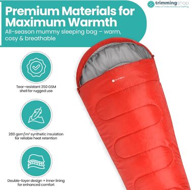 Спальний мішок Mumienschlafsack для дорослих - легкий, компактний, водонепроникний з капюшоном, 220x85 см, для кемпінгу, походів, подорожей (червоний)