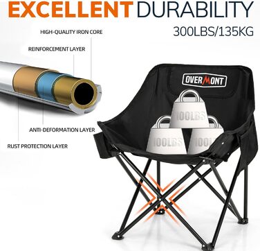 Складний туристичний стілець OVERMONT 2 шт. - до 135 кг, для кемпінгу, саду, балкону, пляжу, риболовлі, чорний