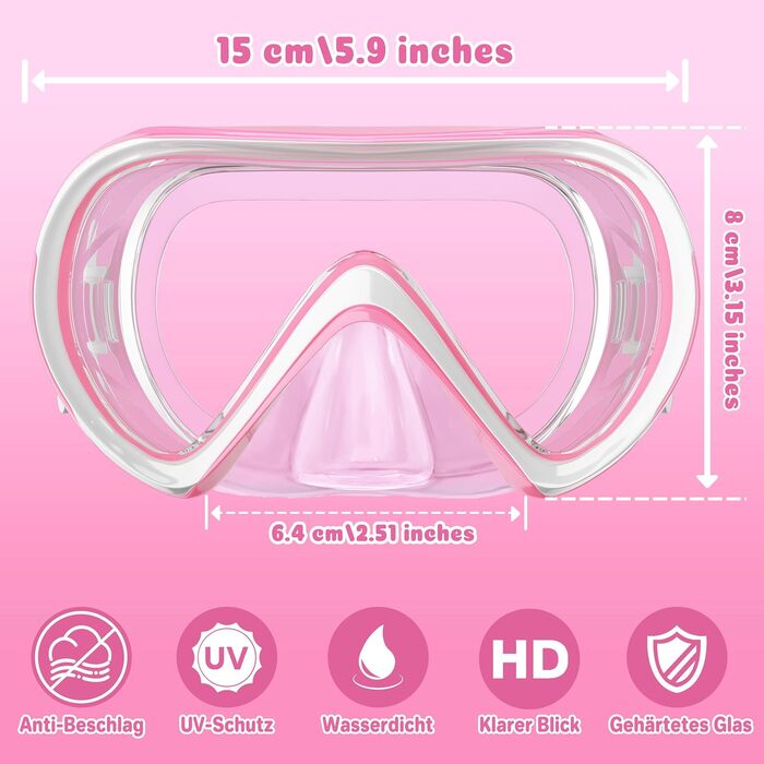 Дитячі маски для снорклінгу COOLOO з панорамним оглядом 180° HD, антизапар, анти-тік, для дітей 4-16 років (рожевий)