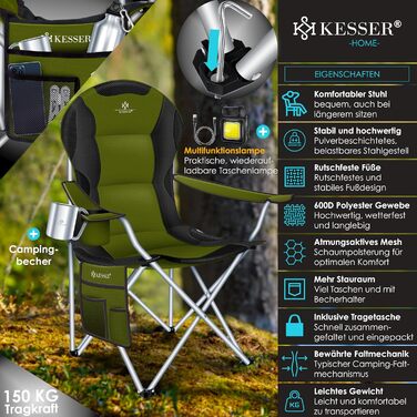 Крісло для кемпінгу KESSER® з підлокітниками, 150 кг, з підсвіткою, тримачем для напоїв, хакі/чорний