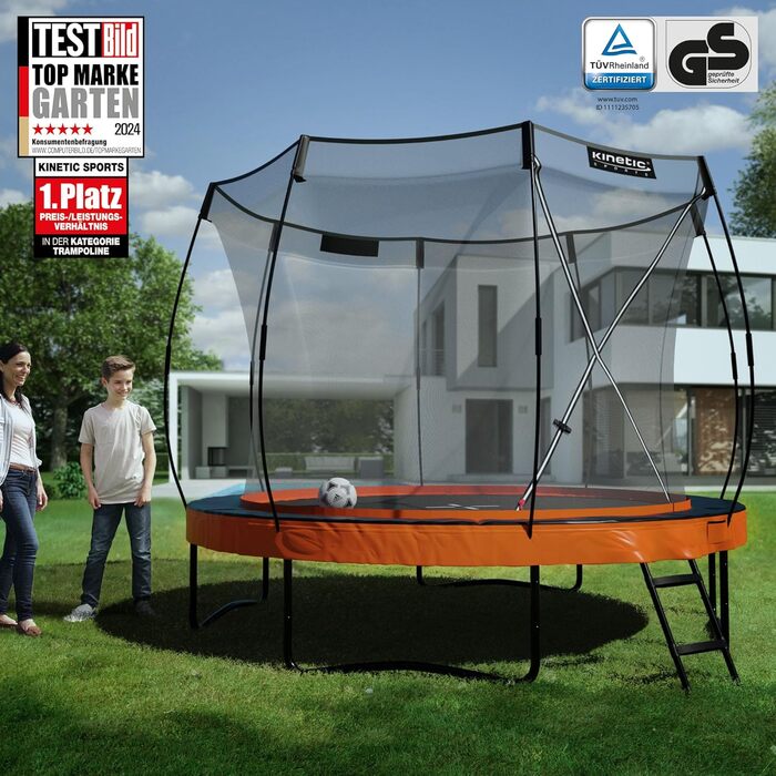 Трамплін KINETIC SPORTS Ultimate Pro для саду – Ø 244/305/366/427 см, сертифікат TÜV Rheinland GS, з металевою драбиною, скловолоконна сітка, дизайн 'Курча', вантажопідйомність до 160 кг (Ø 305 см), колір Sunset Orange
