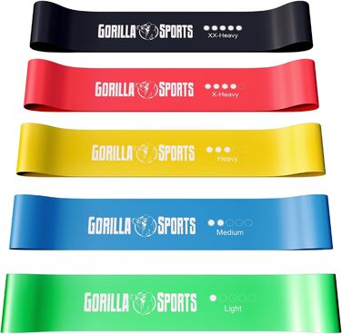 Гумові еспандери Gorilla Sports® 5 шт. з сумкою для тренувань: рівні опору, нековзкий латекс для фітнесу, йоги, пілатесу, реабілітації