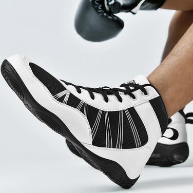 Боксерські черевики чоловічі хай-топ, професійні, для тренувань, антиковзкі, дихаючі, унісекс (43 EU, чорний/білий)