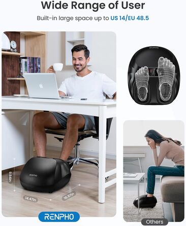 Масажер для ніг RENPHO з підсвічуванням, Shiatsu, нагрів, пульт, для чоловічих ніг до 48 розміру ЄС, чорний 069R