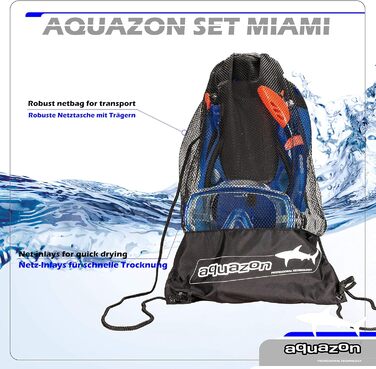 Дитячий набір для підводного плавання AQUAZON Miami: маска з прозорим склом, ласти, трубка, для дітей 7-14 років, регулюється на 5 розмірів, темно-синій, 27/31